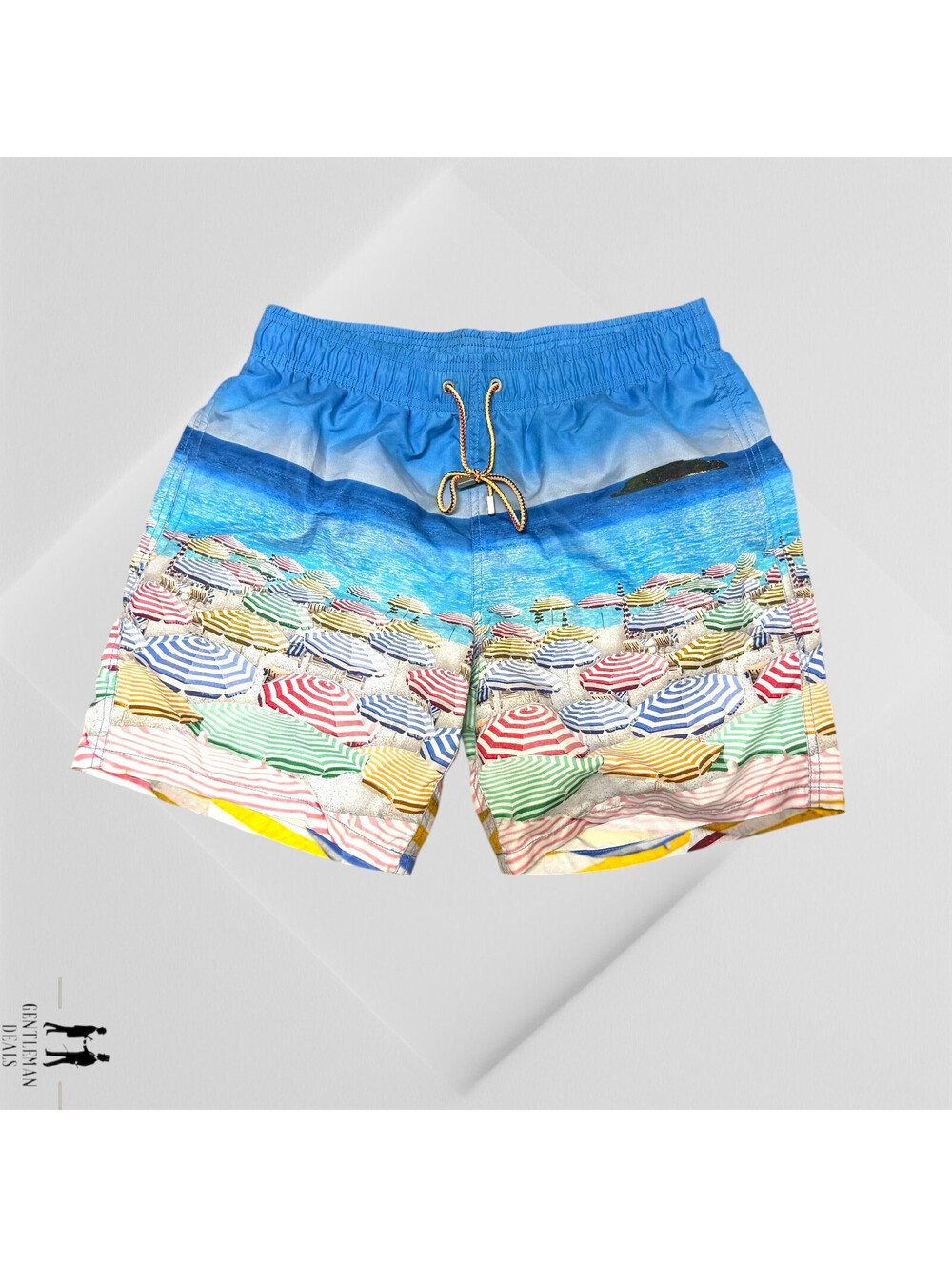 Bugatchi Swim Trunks Mens Large Blue Umbrellas Print Sea Surf Shorts Designer